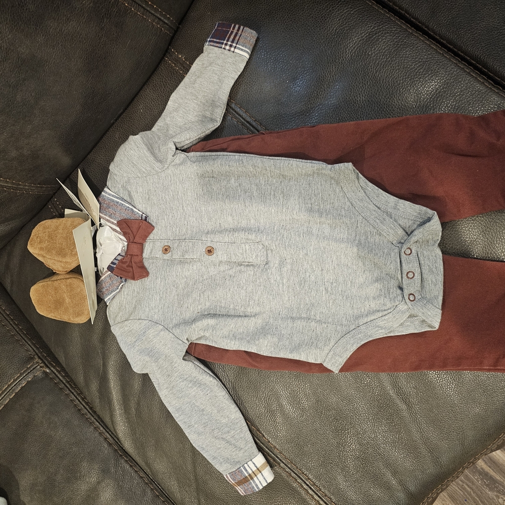 Gray and Brown Baby Outfit with Bow Tie